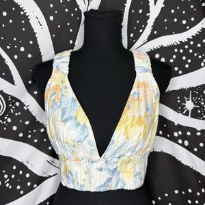 Abercrombie & Fitch White Floral V-Neck Crop Cami with Yellow & Blue Blooms